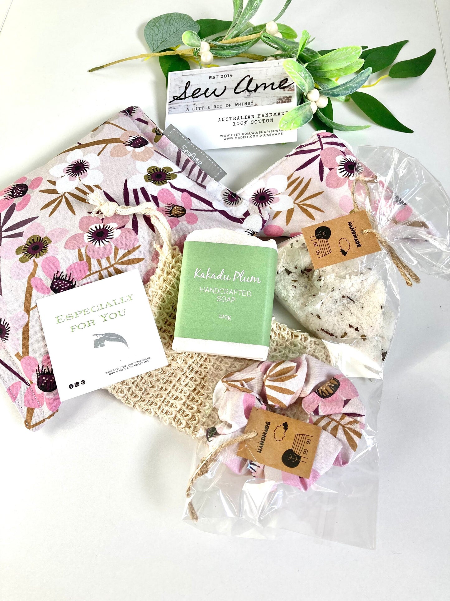 Christmas Eve Box for Mum, Beauty Pamper Gift Box Set, Spa and Care Pack in Pink Blossom Fabric, Handmade Organic Soap