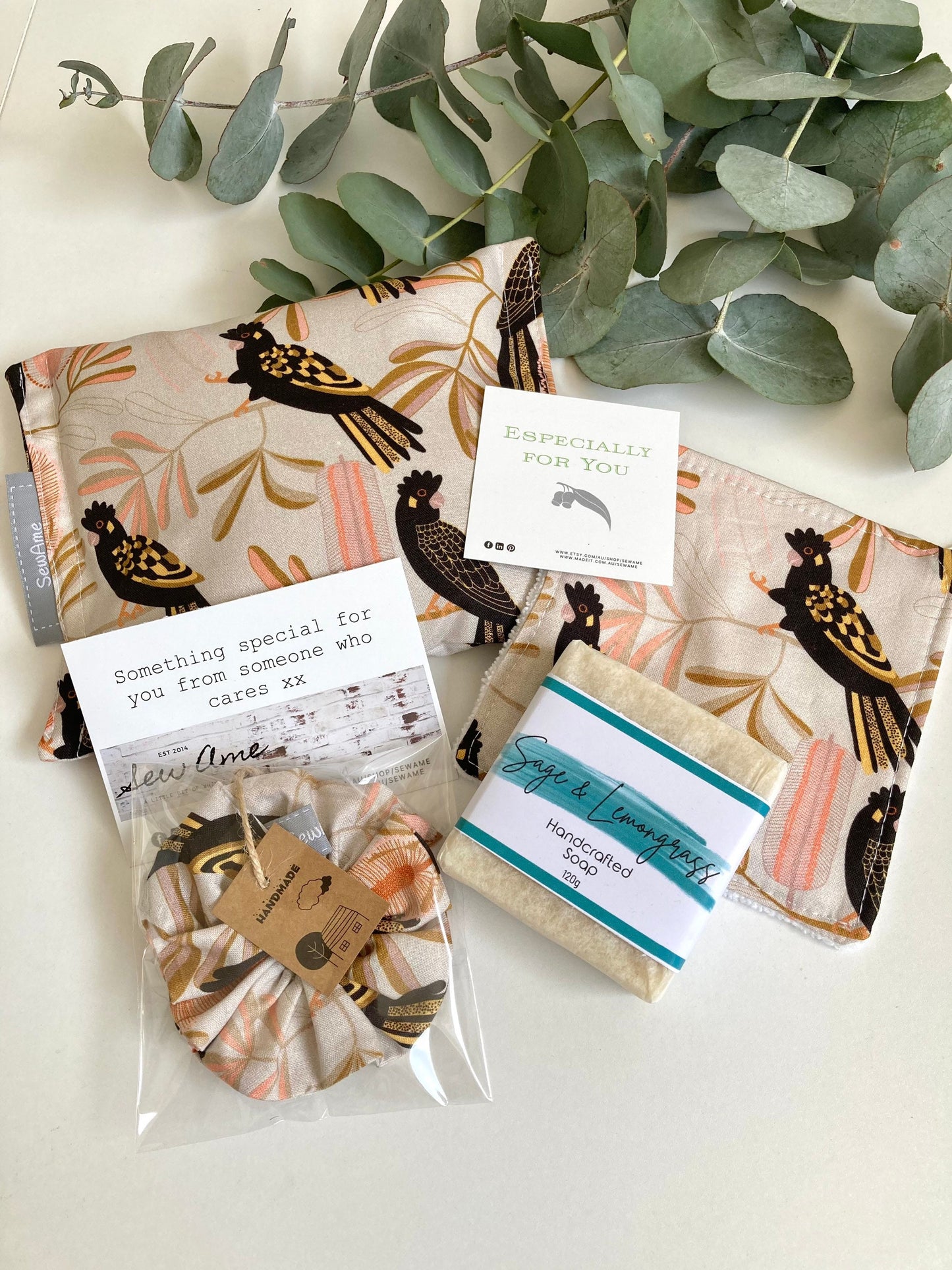 Get Well Soon Gift, Box Set with Black Cockatoo Peach Fabric, Unique Australian Made Gift Hamper
