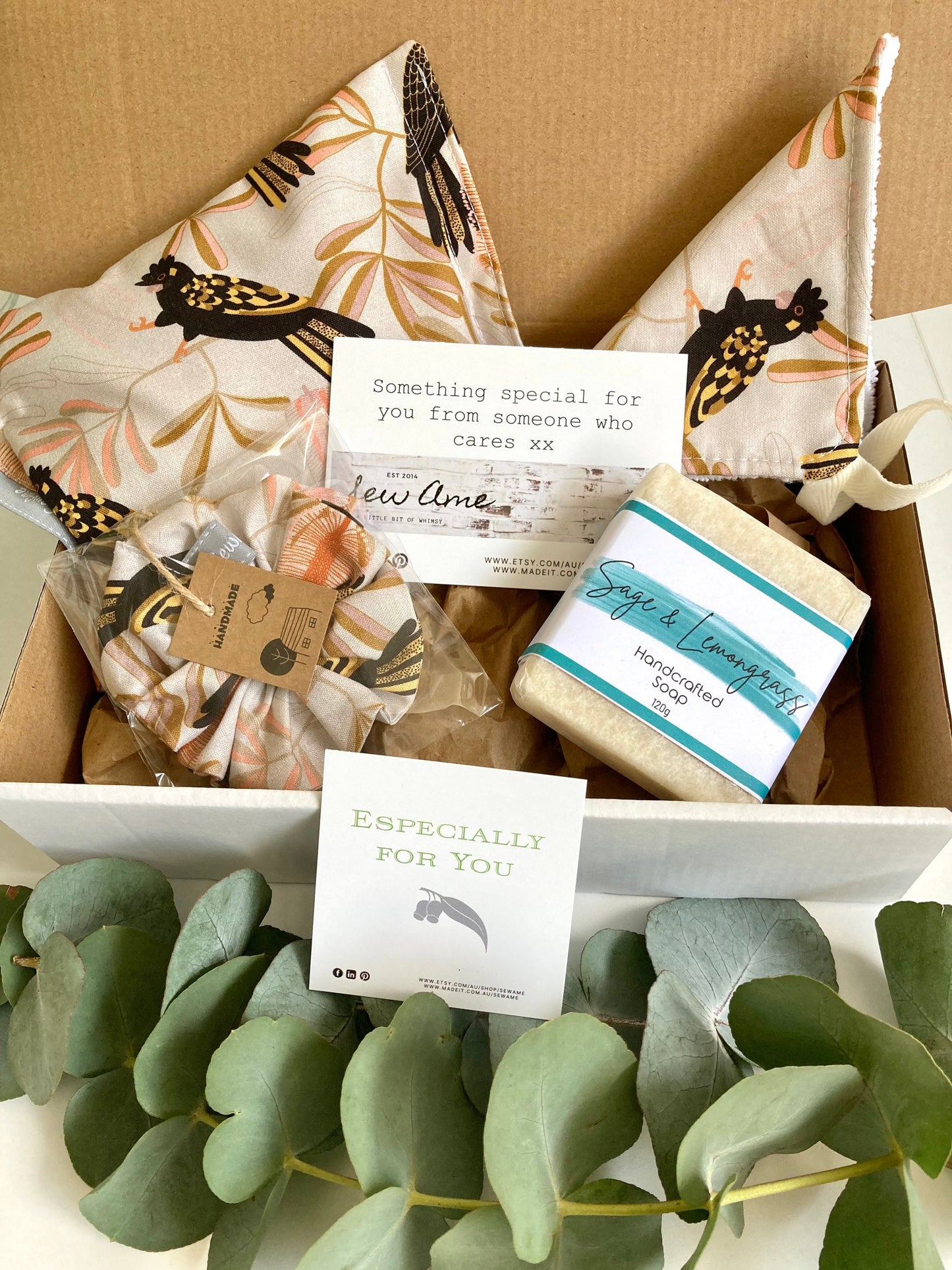 Get Well Soon Gift, Box Set with Black Cockatoo Peach Fabric, Unique Australian Made Gift Hamper