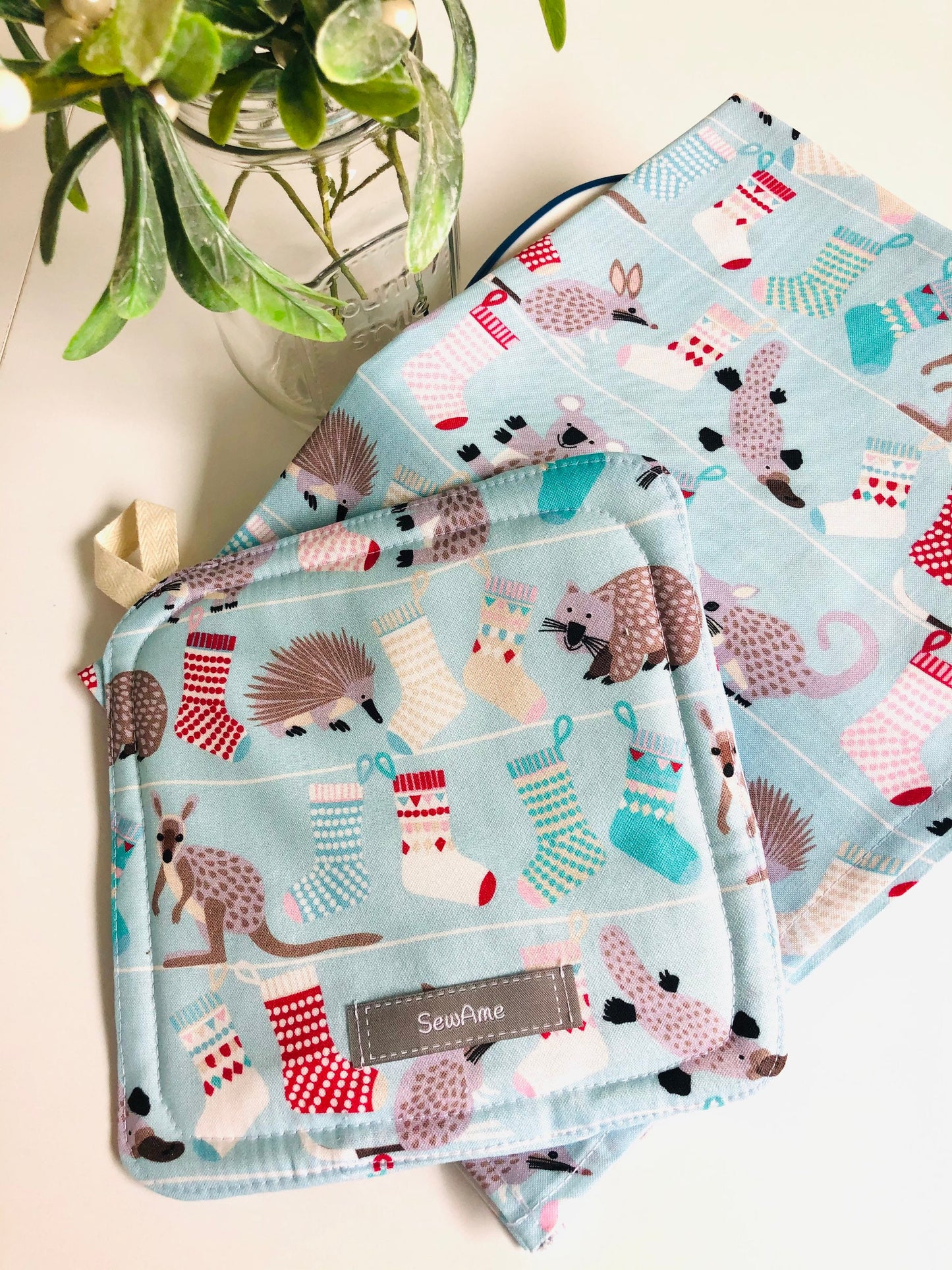 Christmas Tea Towel, Wombat, Dish cloth, Kitchen Cloth, Australian Native Animals, Kitchen towel, Homewares Gift, Jocelyn Proust Fabric