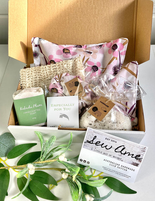 Christmas Eve Box for Mum, Beauty Pamper Gift Box Set, Spa and Care Pack in Pink Blossom Fabric, Handmade Organic Soap