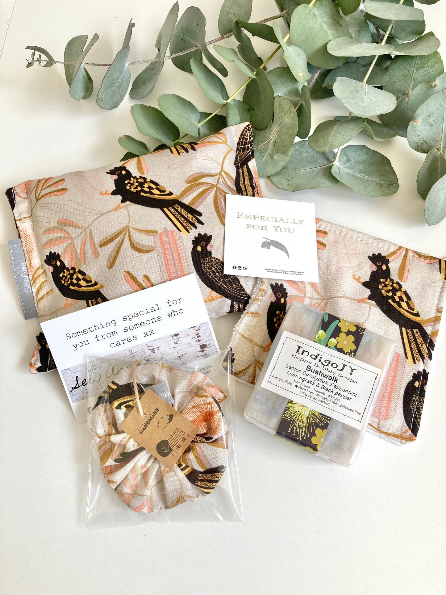 Gift Box Set for Her, Black Cockatoo Peach Fabric Hamper, Unique Australian Made Gift Hamper