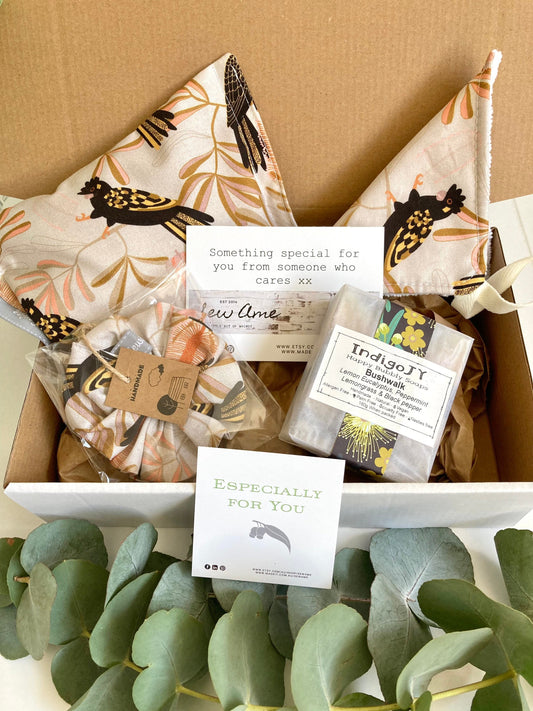 Gift Box Set for Her, Black Cockatoo Peach Fabric Hamper, Unique Australian Made Gift Hamper
