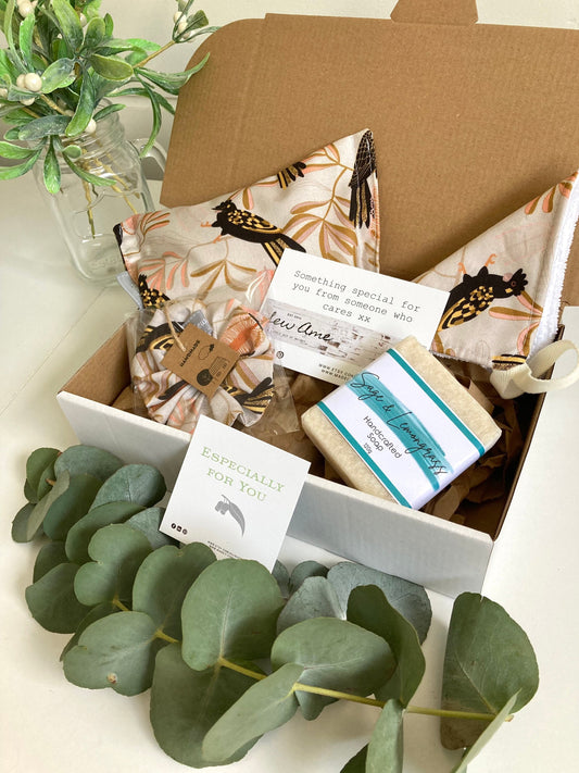 Get Well Soon Gift, Box Set with Black Cockatoo Peach Fabric, Unique Australian Made Gift Hamper
